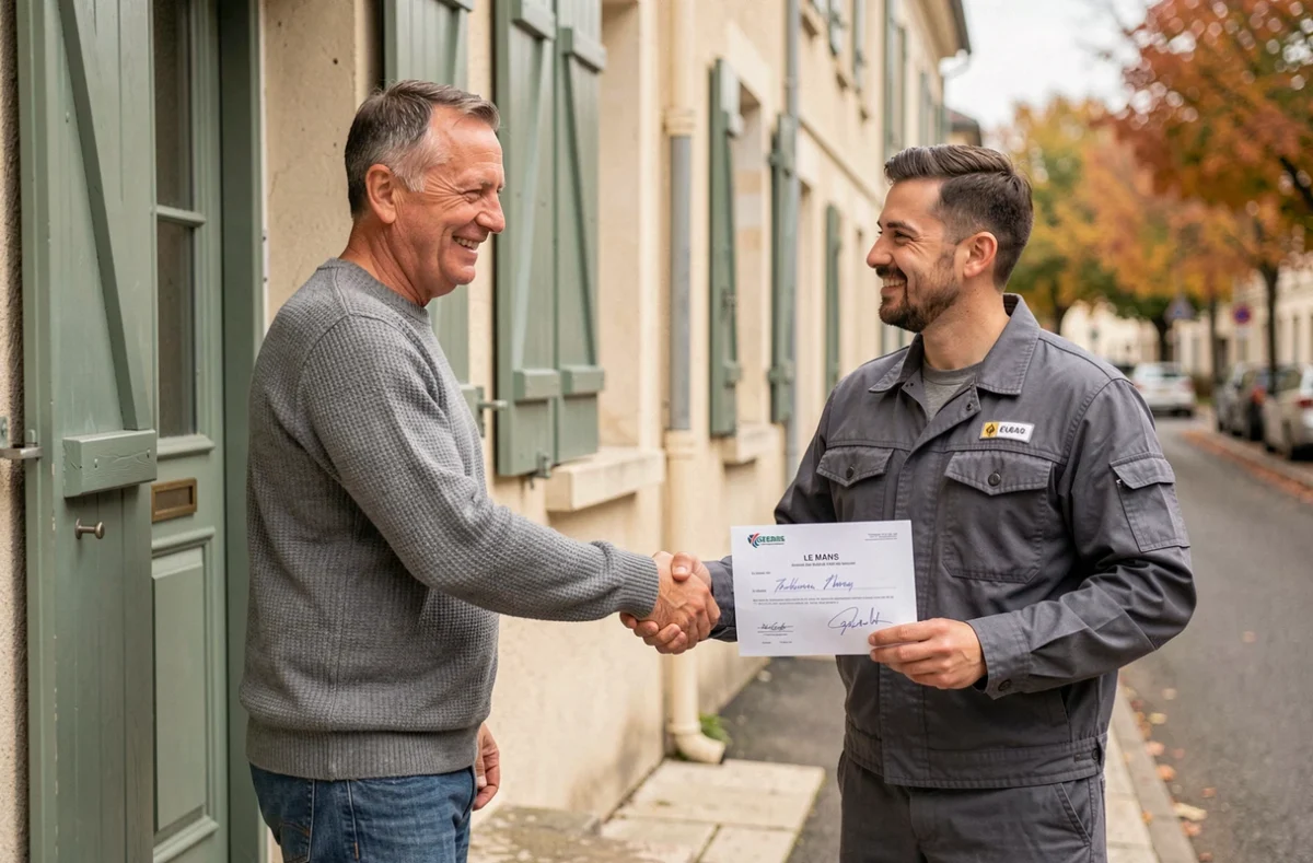 Propriétaire signant un contrat d'installation de pompe à chaleur avec un technicien devant sa maison au Mans