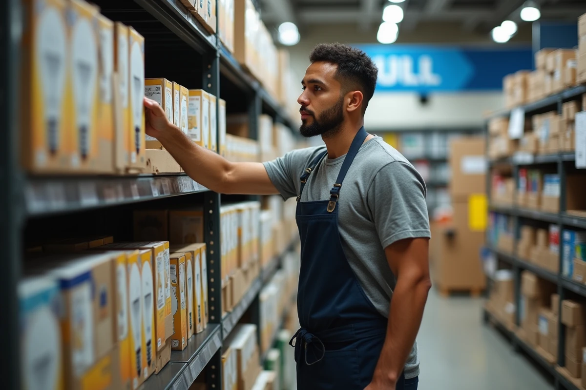 Homme en tablier de travail comparant des emballages d'ampoules dans un rayon de magasin de bricolage