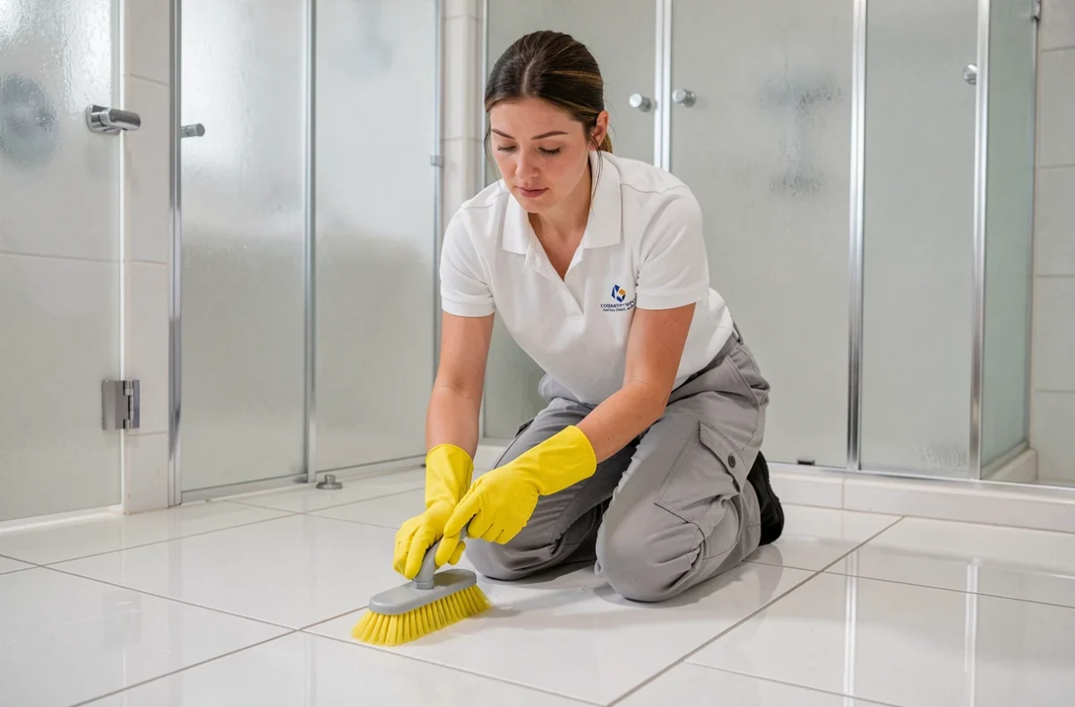 Professionnelle du nettoyage en polo blanc récurant le carrelage d'une salle de bain moderne avec des gants jaunes