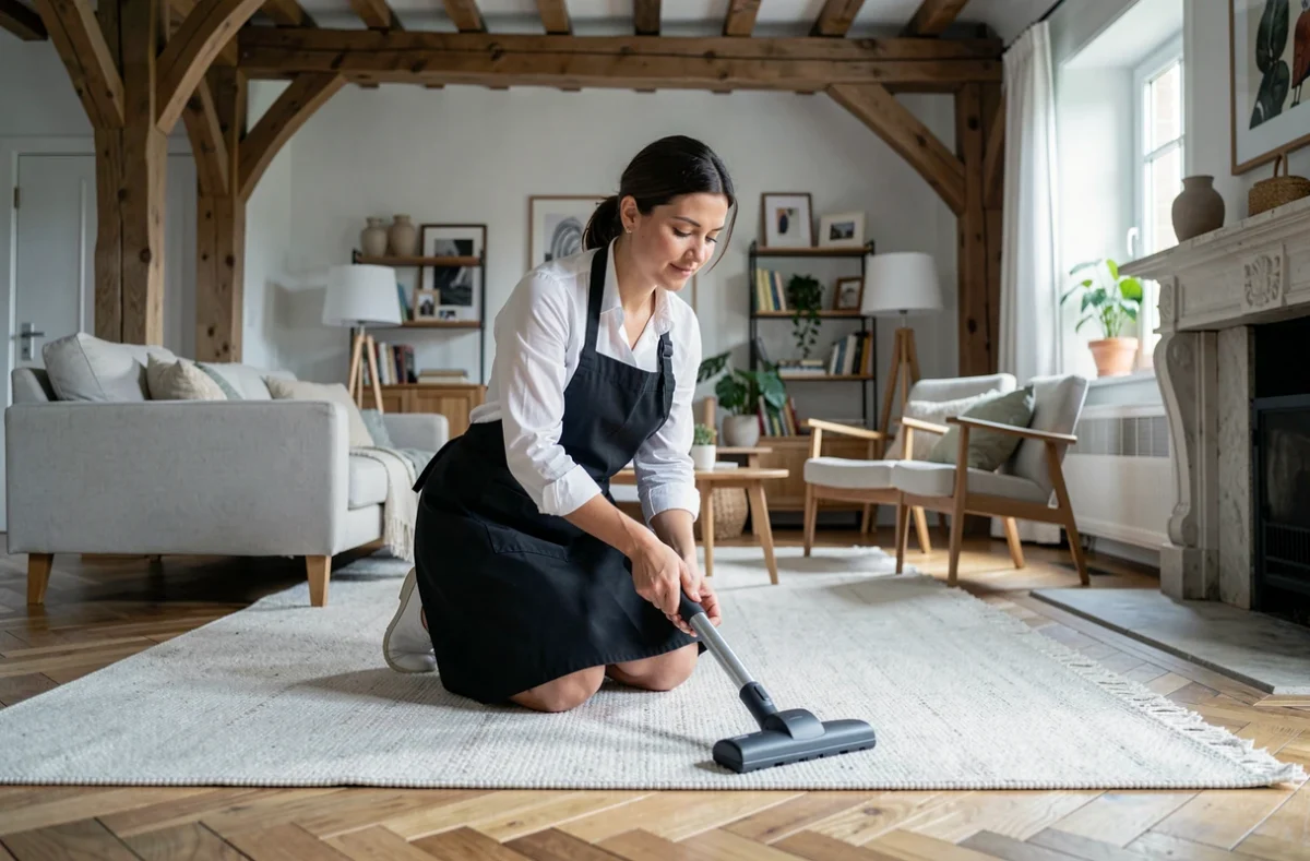 Aide ménagère passant l'aspirateur dans un salon lumineux d'une maison de ville à Nantes