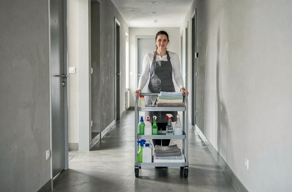 Aide ménagère poussant un chariot de nettoyage dans le couloir d'un immeuble résidentiel du Haut-Rhin
