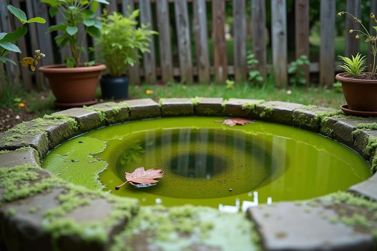 Algues vertes envahissant un bassin de jardin résidentiel en banlieue française