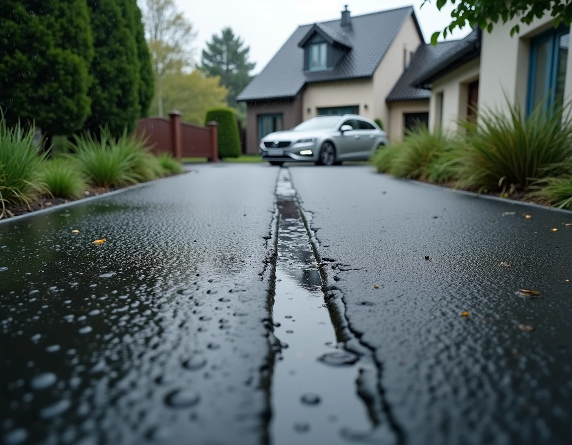 Allée résidentielle en enrobé drainant sous la pluie montrant l'absorption de l'eau en temps réel