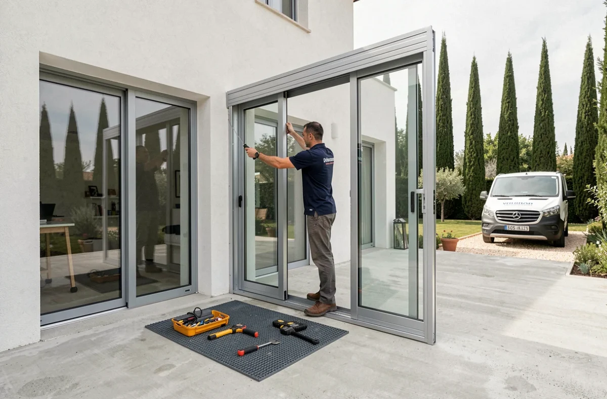 Technicien Alu 83 posant une grande baie vitrée en aluminium sur la façade d'une villa contemporaine dans le Var