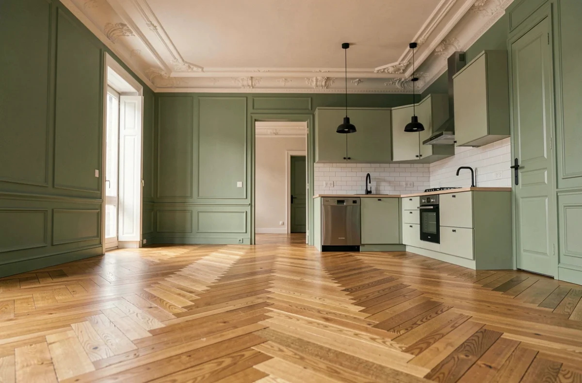 Appartement haussmannien entièrement rénové avec parquet en chevrons restauré, peinture vert sauge et crédence en carrelage blanc, résultat d'une rénovation guidée