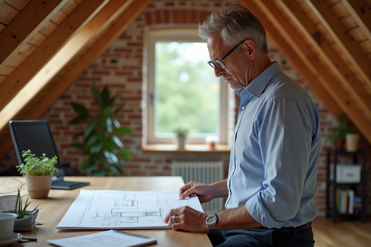 Architecte examinant des plans dans un bureau lumineux en loft