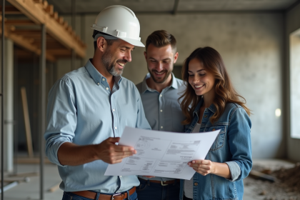 Architecte discutant plans avec un couple sur un chantier en construction