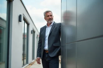 Architecte examinant une façade aluminium RAL 9006 sur un chantier