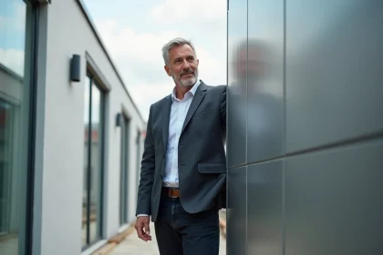 Architecte examinant une façade aluminium RAL 9006 sur un chantier