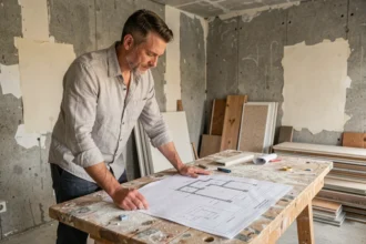 Architecte consultant un guide de rénovation appartement sur un chantier en cours avec murs en béton brut et matériaux de construction