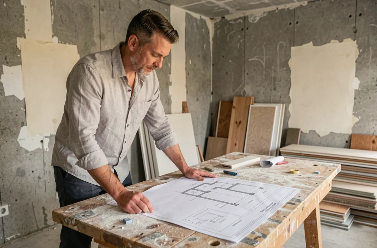 Architecte consultant un guide de rénovation appartement sur un chantier en cours avec murs en béton brut et matériaux de construction