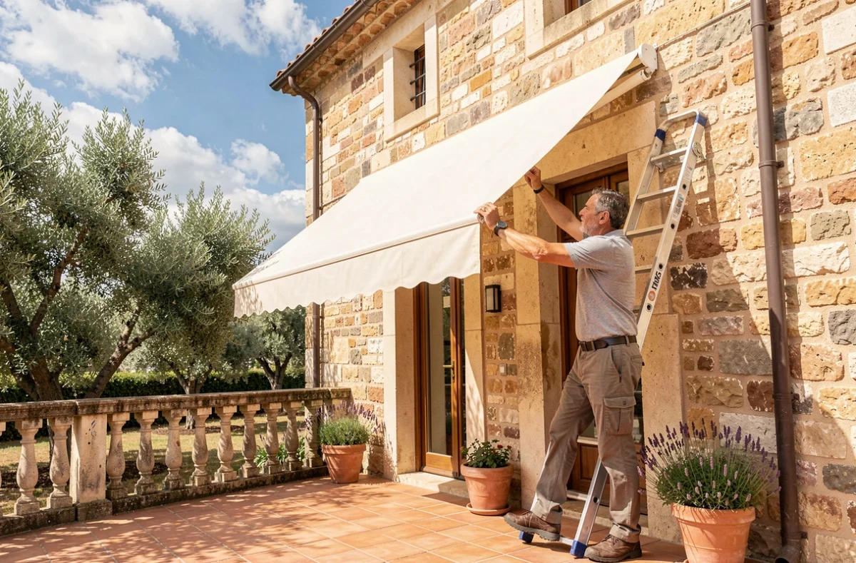 Installateur d'Art Déco Stores posant une pergola store extérieure sur une maison provençale ensoleillée dans le Var