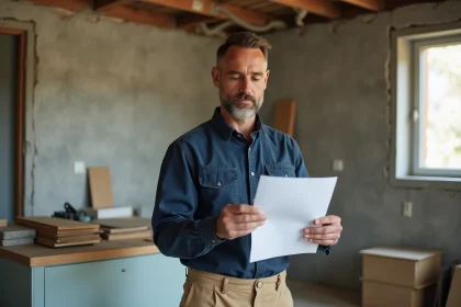 Artisan consultant un devis travaux dans une cuisine en cours de rénovation