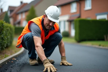 Artisan examinant la texture d'un enrobé drainant fraîchement posé sur une allée résidentielle