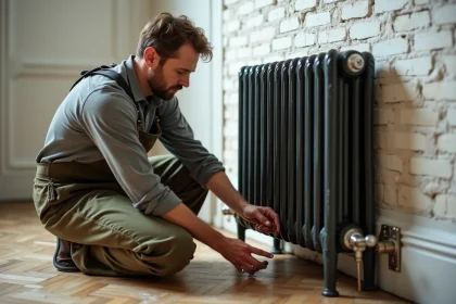 Artisan examinant un pied de radiateur fonte en fonte ornementale dans un appartement haussmannien rénové