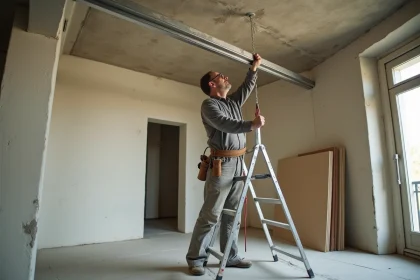 Artisan posant des rails métalliques pour faux plafond dans un appartement ancien à Paris