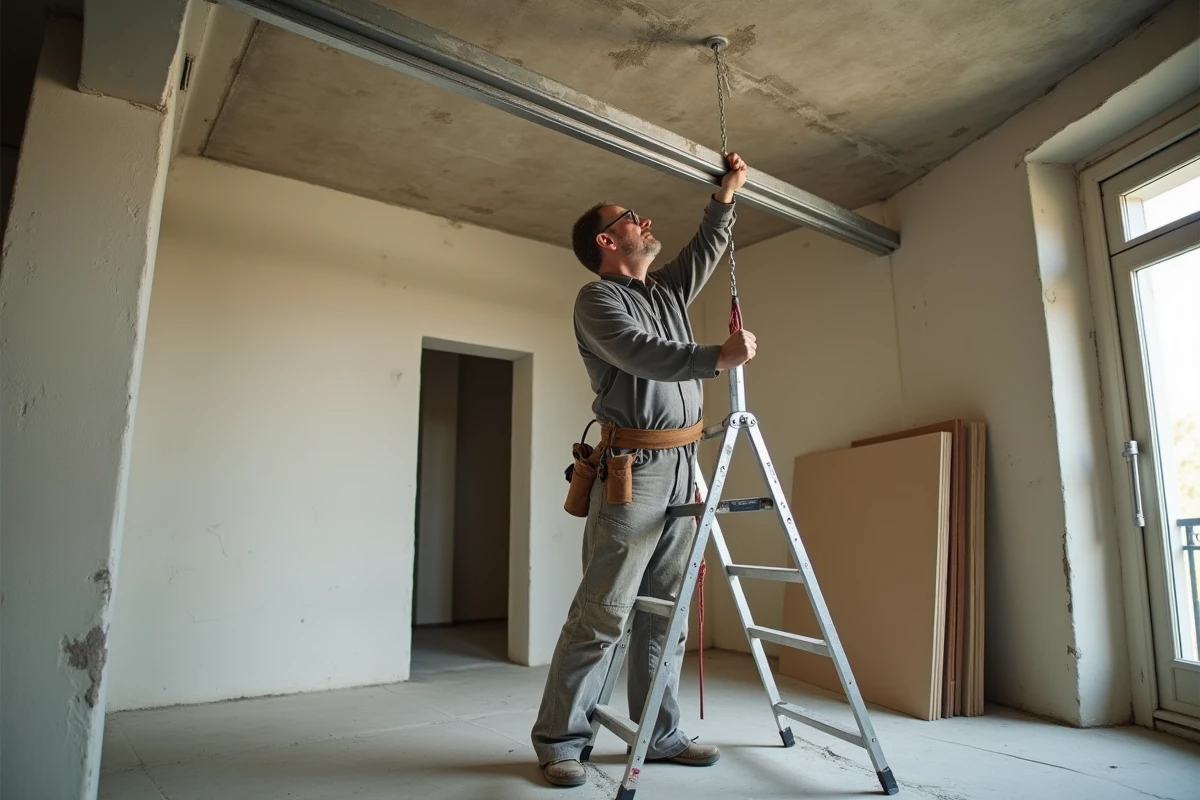 Artisan posant des rails métalliques pour faux plafond dans un appartement ancien à Paris