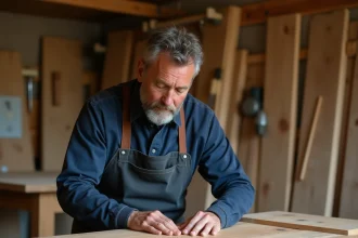 Artisan français inspectant la qualité d'un meuble en chêne massif dans un atelier de fabrication