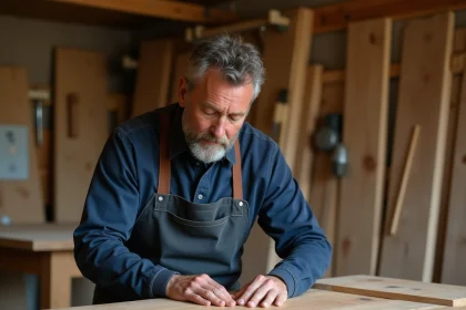 Artisan français inspectant la qualité d'un meuble en chêne massif dans un atelier de fabrication