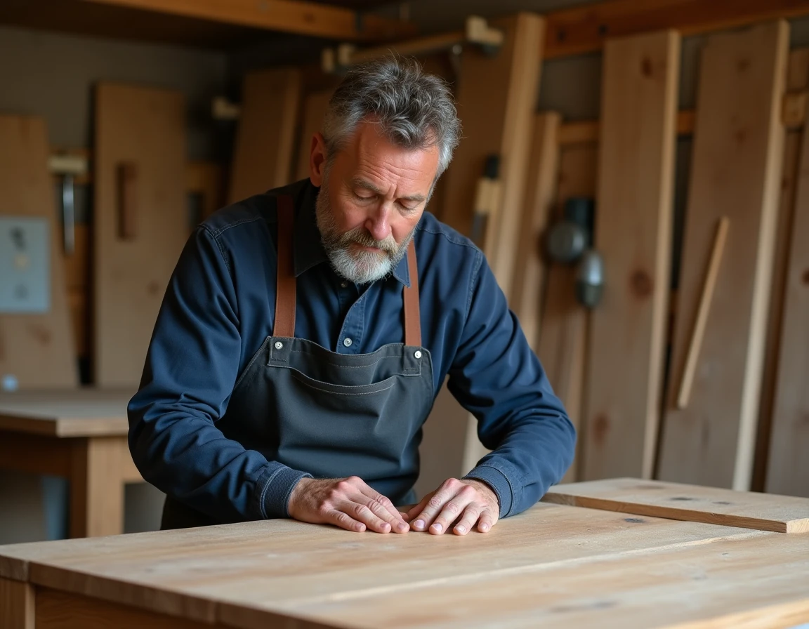 Artisan français inspectant la qualité d'un meuble en chêne massif dans un atelier de fabrication