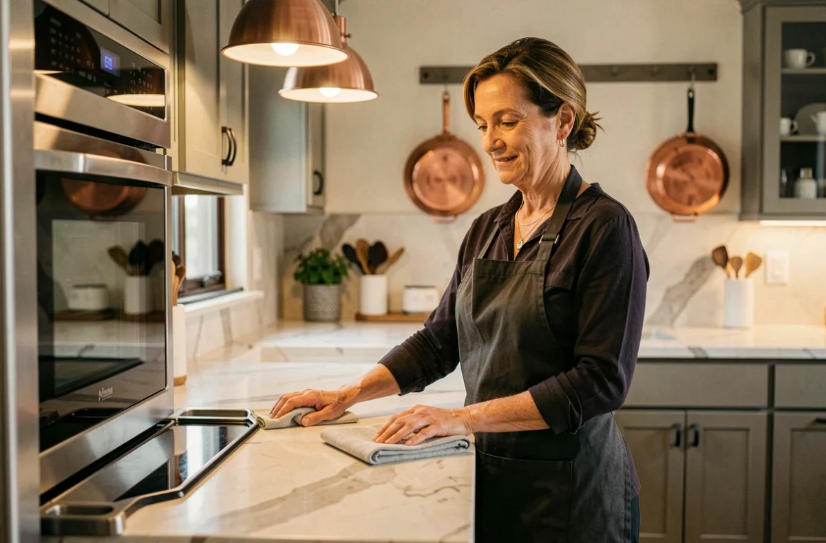 Assistante ménagère mature en tablier charbon essuyant des appareils en inox dans une cuisine haut de gamme avec plan de travail en marbre