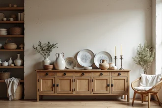 Présentoir vintage brocante avec vaisselle ancienne, vases céramiques et décoration artisanale dans un atelier déco parisien