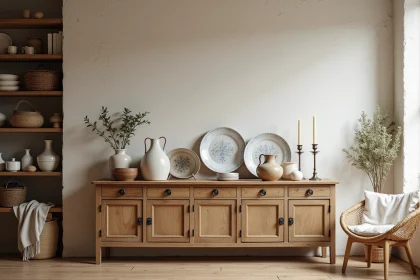 Présentoir vintage brocante avec vaisselle ancienne, vases céramiques et décoration artisanale dans un atelier déco parisien