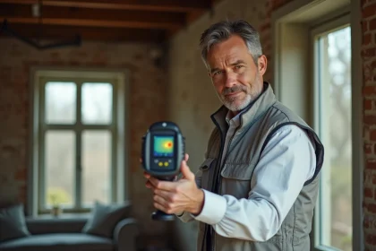 Auditeur thermique réalisant un diagnostic énergétique avec une caméra infrarouge dans un logement ancien
