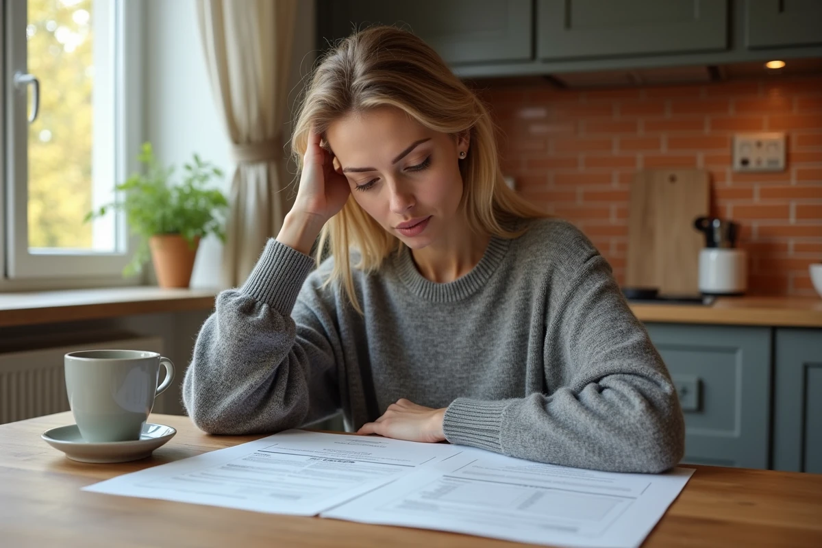 Femme lisant attentivement son contrat d'assurance habitation GMF à la table de sa cuisine