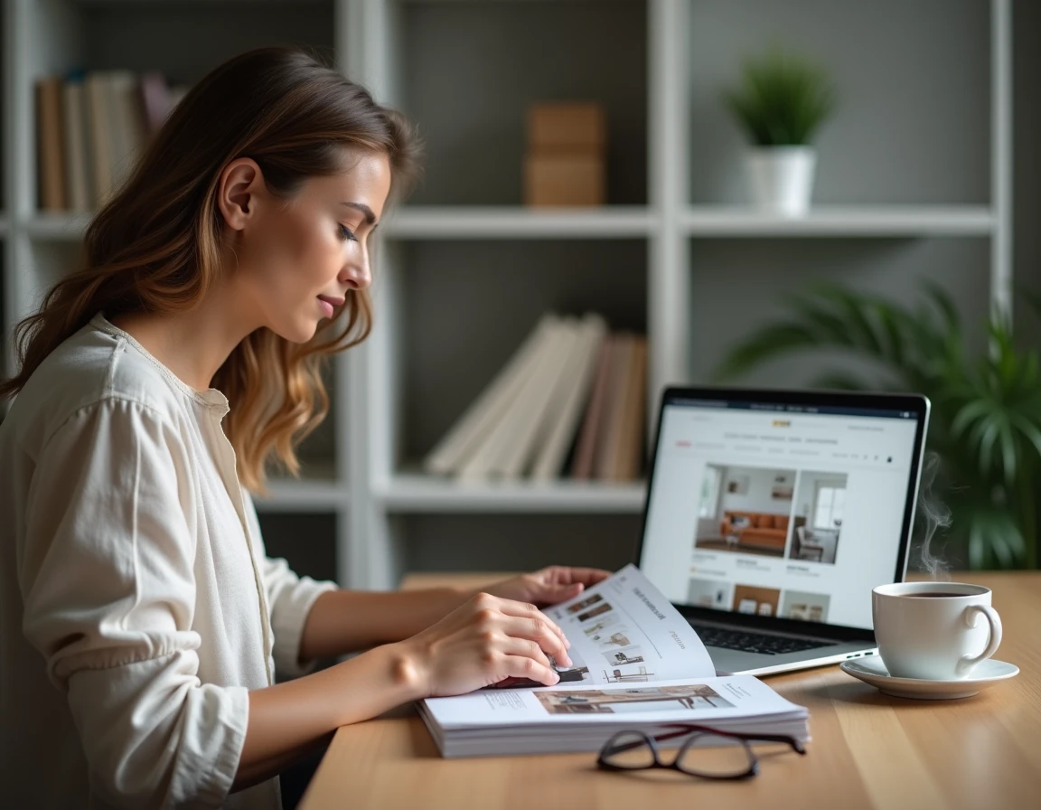 Femme consultant un catalogue et les avis en ligne sur un site de vente de meubles français depuis son bureau