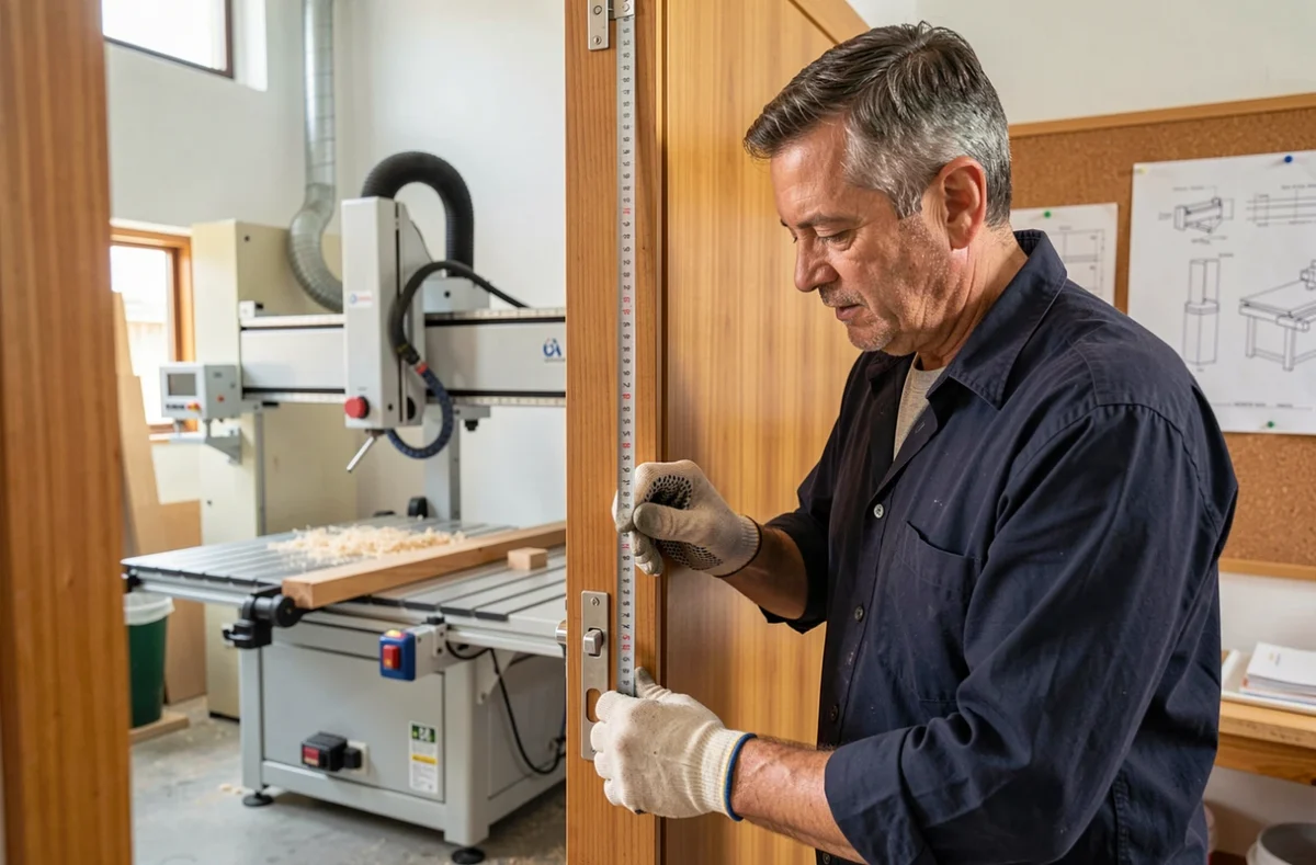 Artisan menuisier mesurant un cadre de porte sur mesure dans l'atelier Azur Compagnons à Toulon