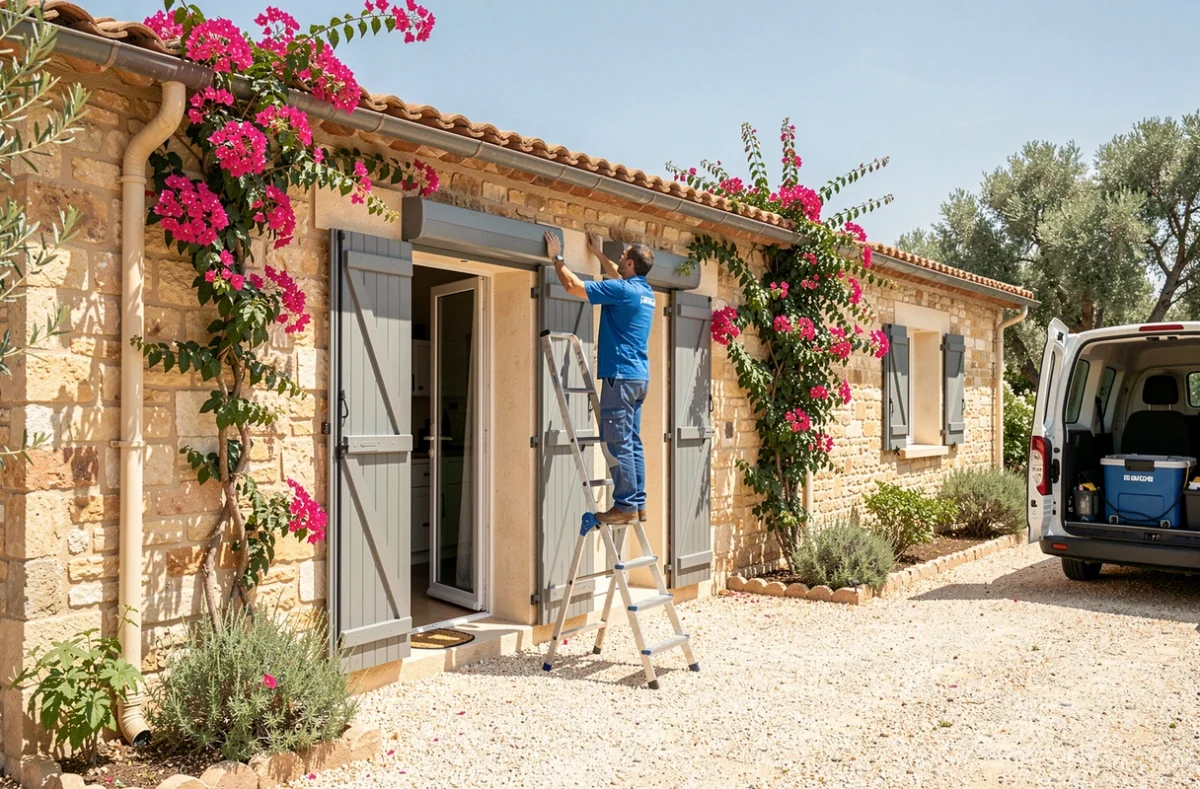 Installateur Azur Volets ajustant des volets roulants aluminium sur une façade résidentielle provençale dans le Var