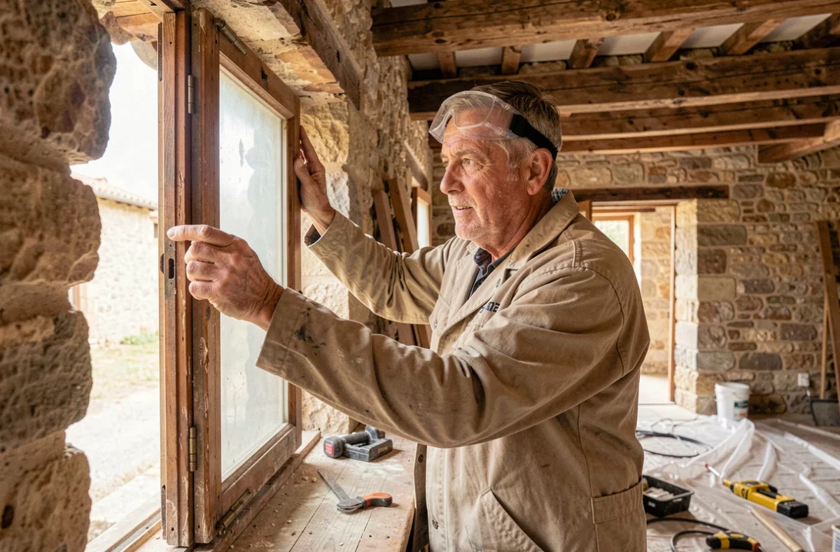 Artisan de Bernard Freddy ETS retirant un ancien cadre de fenêtre lors d'une rénovation dans une maison en pierre provençale