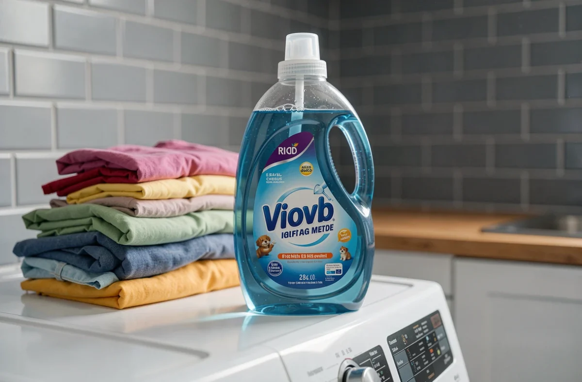 Bouteille de lessive liquide économique posée sur un tambour de lave-linge blanc avec du linge coloré propre
