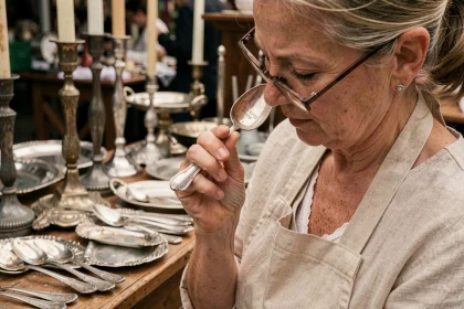 Brocanteuse examinant un poinçon sur un métal argenté dans un marché aux puces
