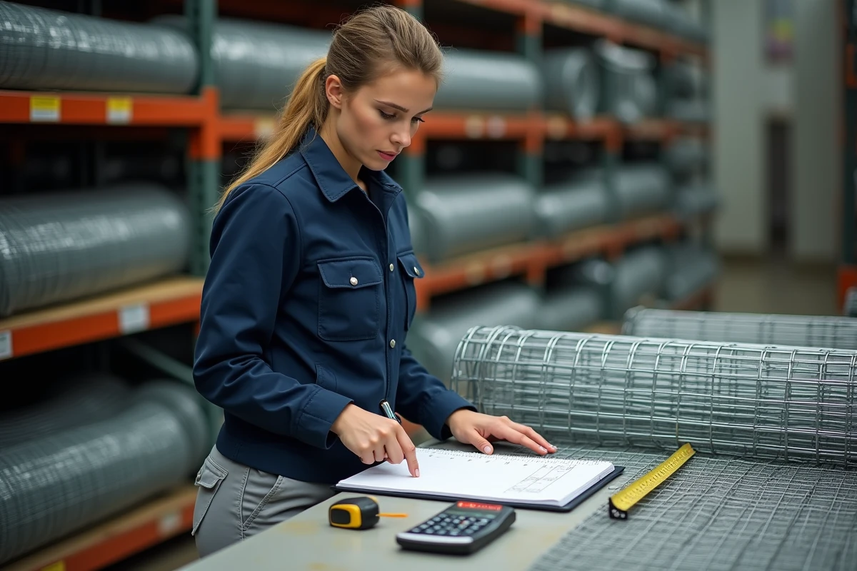 Femme calculant la conversion de mètres linéaires en mètres carrés pour grillage dans un magasin de bricolage, avec bloc-notes et mètre ruban