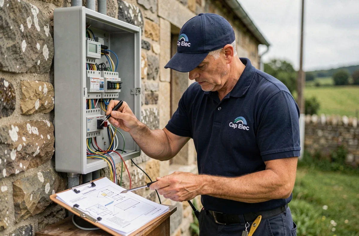 Électricien Cap Elec travaillant sur un tableau électrique lié à une installation solaire en Bretagne