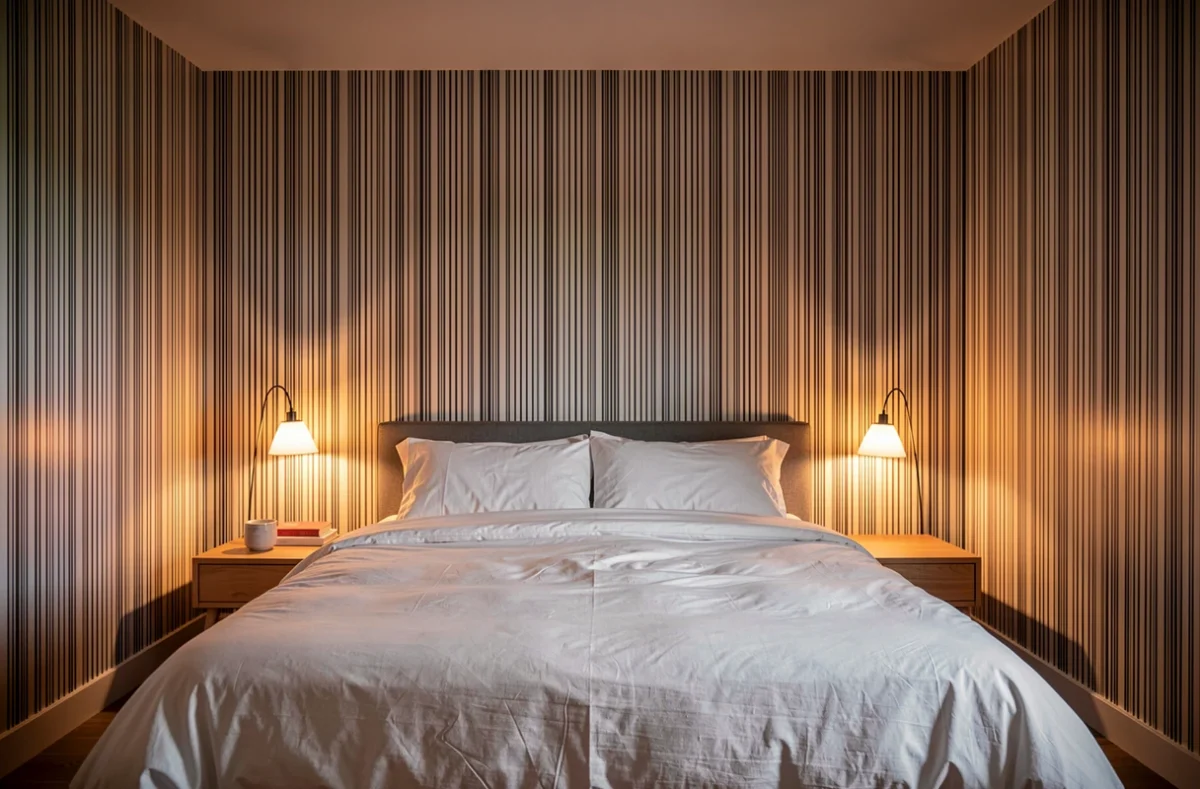 Chambre au plafond bas avec papier peint rayé vertical derrière le lit