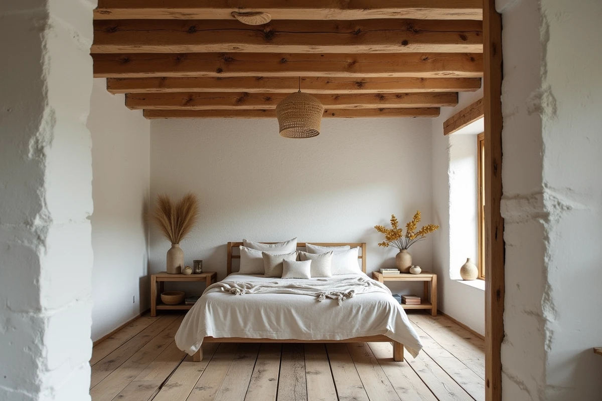 Chambre rustique avec solives en pin apparentes au plafond, murs en pierre blanchie et parquet en bois récupéré