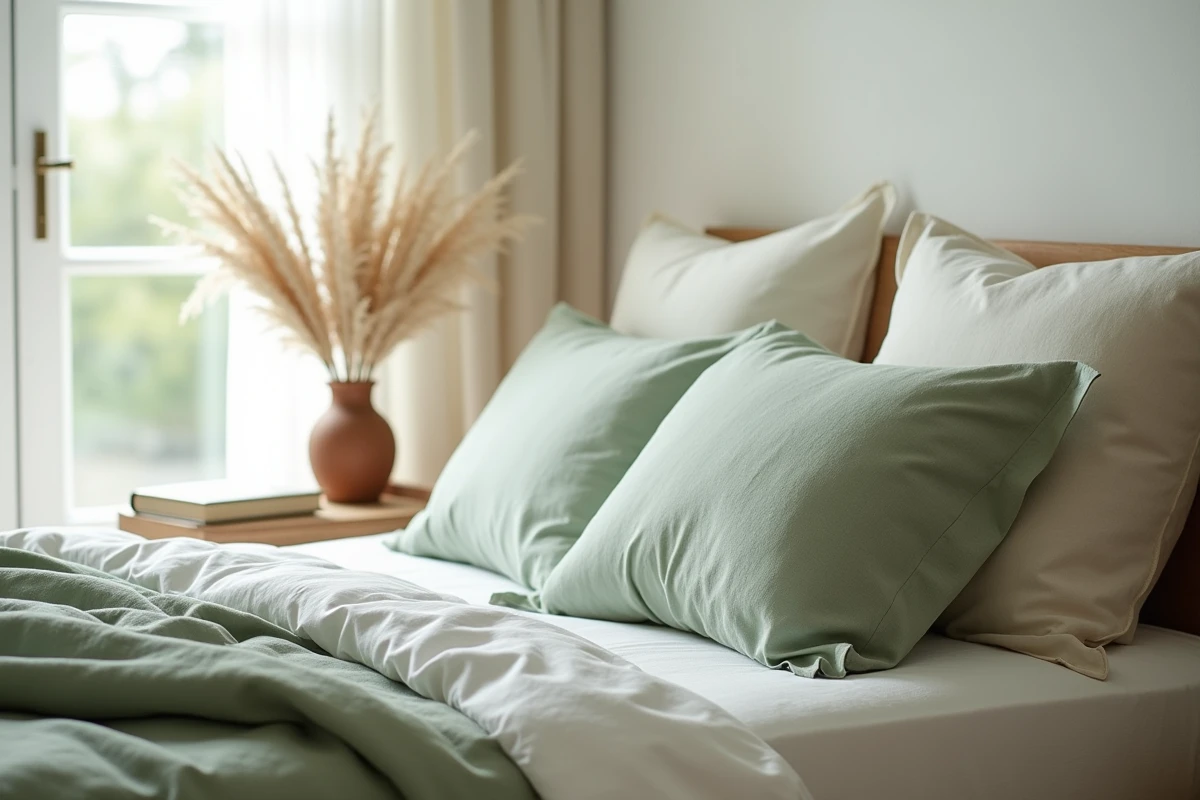 Chambre scandinave apaisante avec literie en lin et coton, vase en terre cuite et rideaux transparents pour une déco maison calme