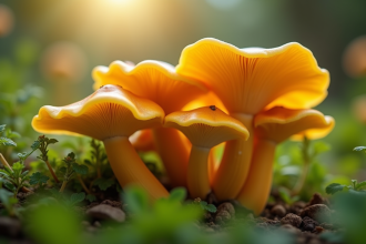 Champignons chanterelles dans un jardin organique lumineux