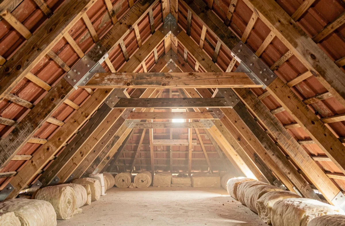 Structure intérieure d'un grenier montrant les renforts de charpente installés pour supporter le poids de panneaux solaires en toiture