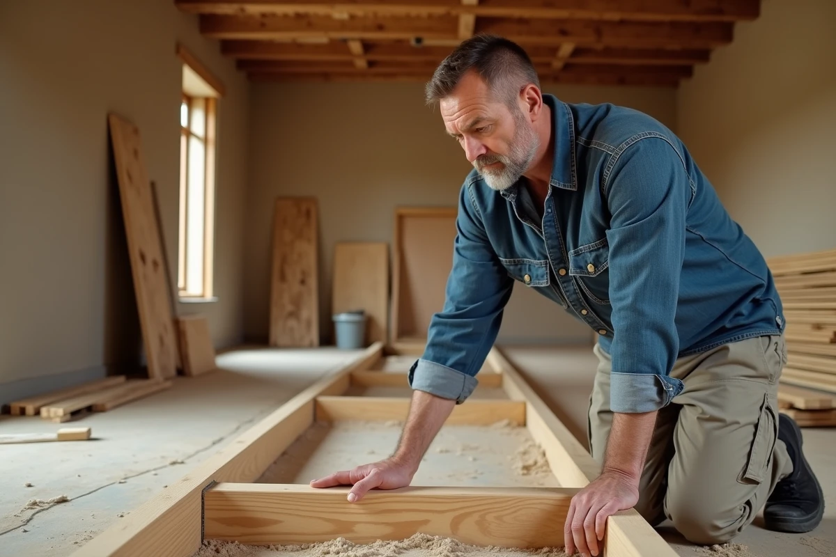Charpentier inspectant des solives en chêne apparentes lors d'une rénovation de plancher en bois