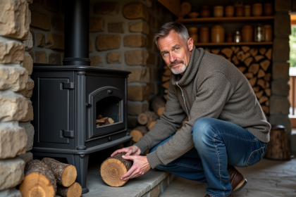 Homme d'âge moyen ajoutant du bois à une cheminée rustique