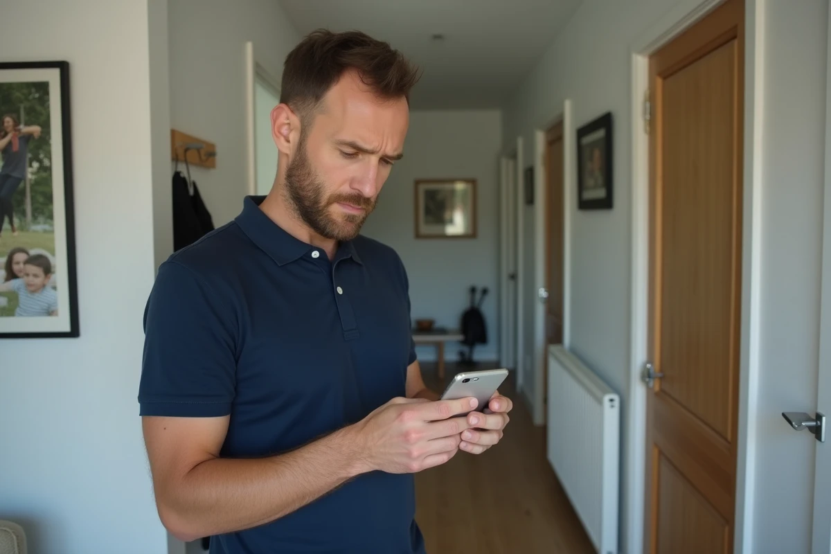 Homme consultant son application d'assurance habitation GMF sur smartphone dans un couloir résidentiel