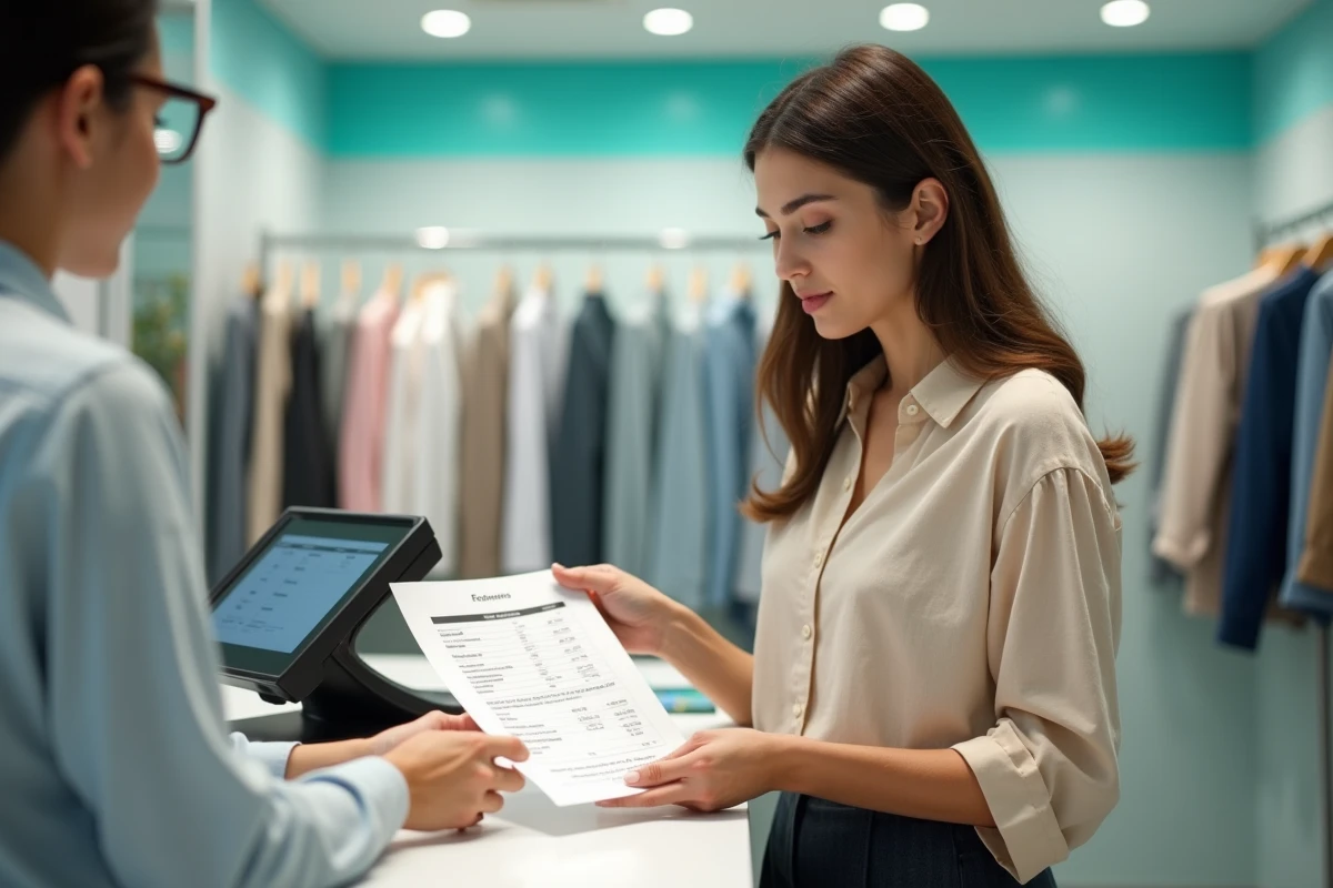 Cliente examinant un devis de nettoyage tapis dans une boutique 5 à sec