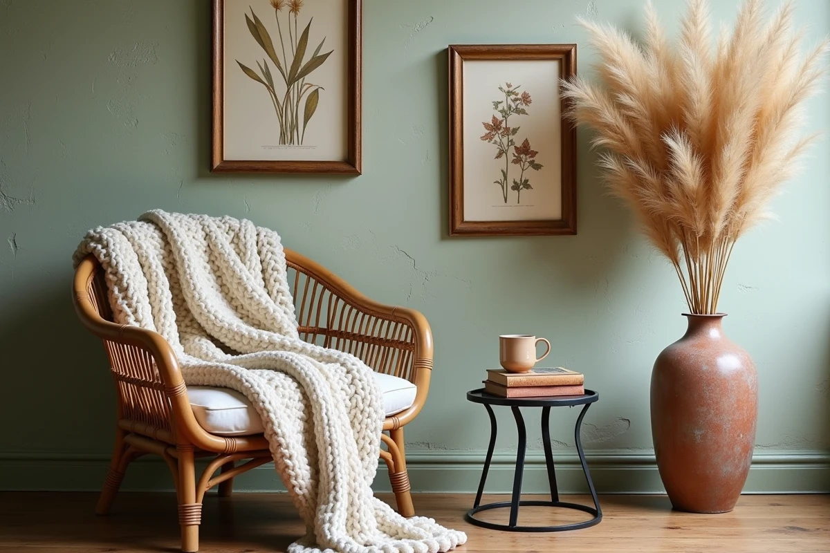 Coin déco brocante avec fauteuil rotin, plaid tricoté et objets vintage dans un intérieur chaleureux au style artisanal