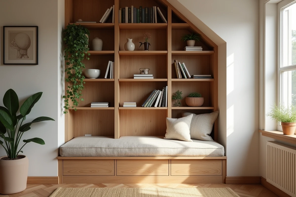 Coin lecture aménagé sous un escalier avec bibliothèque en bois, banquette en bouclé et plante verte pour un intérieur serein