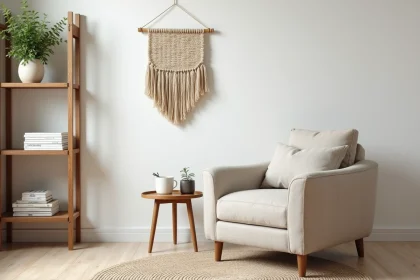 Coin salon douillet avec fauteuil en lin, table basse en bois et décoration murale tissée pour une ambiance maison sereine