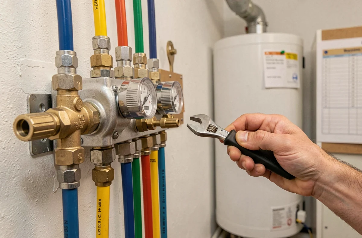 Gros plan sur un collecteur de distribution de plancher chauffant avec raccords en PEX et débitmètres dans une chaufferie résidentielle